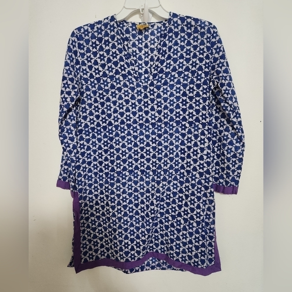 Roberta Roller Rabit Blue w/White Flowers 3/4 Sleeves 100% Cotton Tunic Top XS